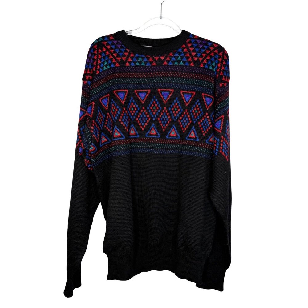 Vintage Meister Grandpa Sweater Diamond Print in Black Size Large Wool Blend Ski
